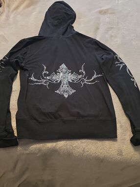 Women's Black Hoodie with Rhinestone Cross Design